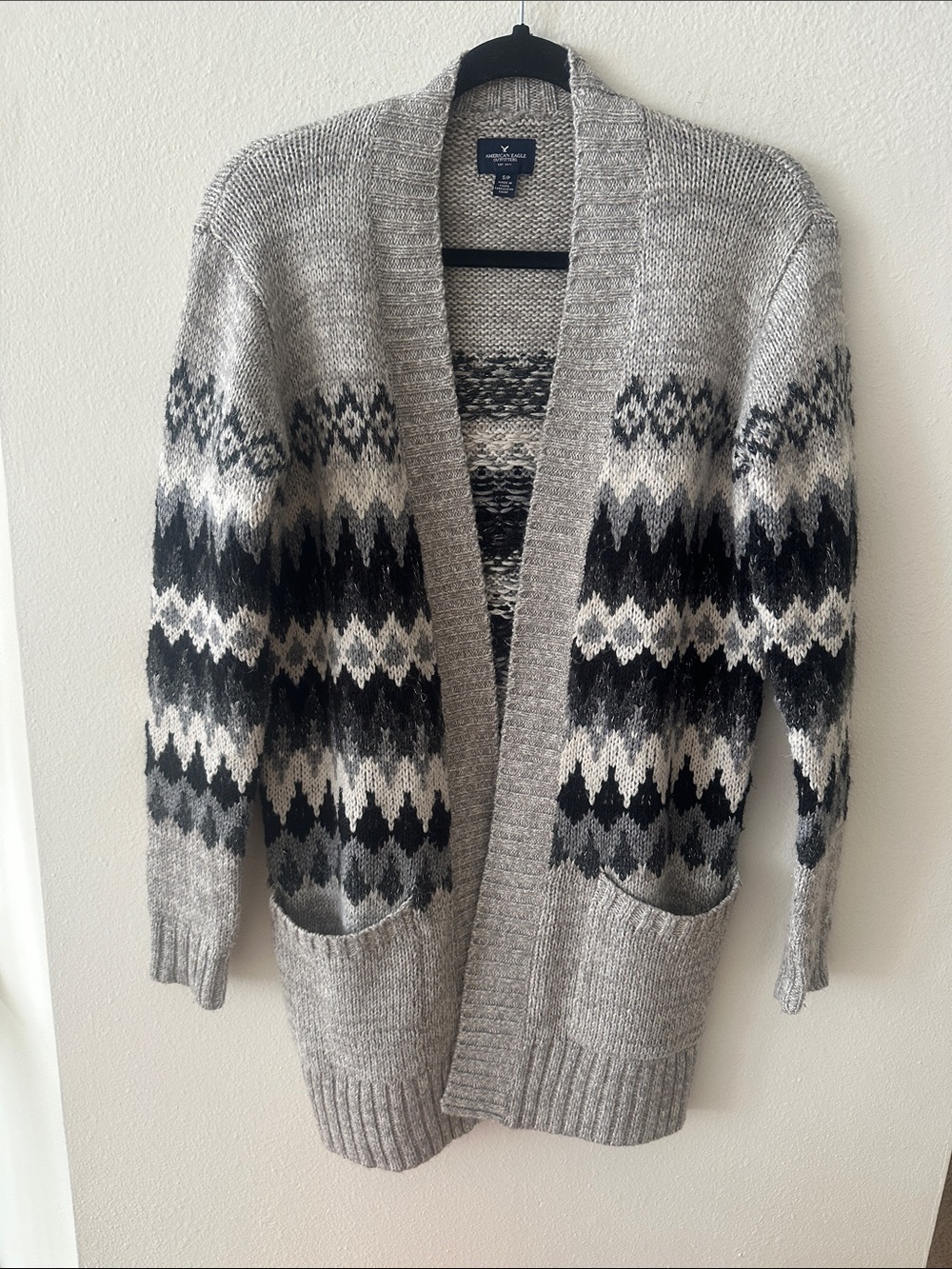 American Eagle Outfitters Gray and Black Fair Isle Open-Front Cardigan